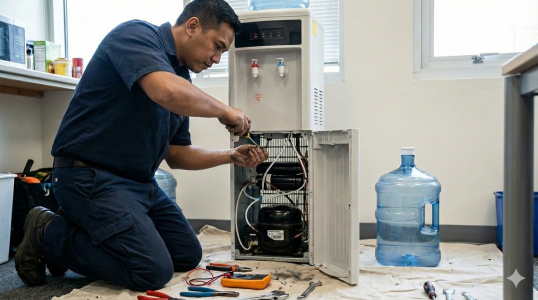 seorang teknisi sedang memperbaiki dispenser