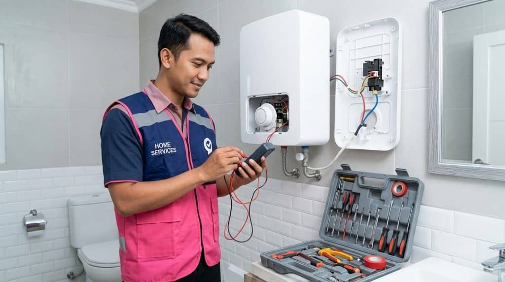 teknisi mengecek kondisi pemanas air