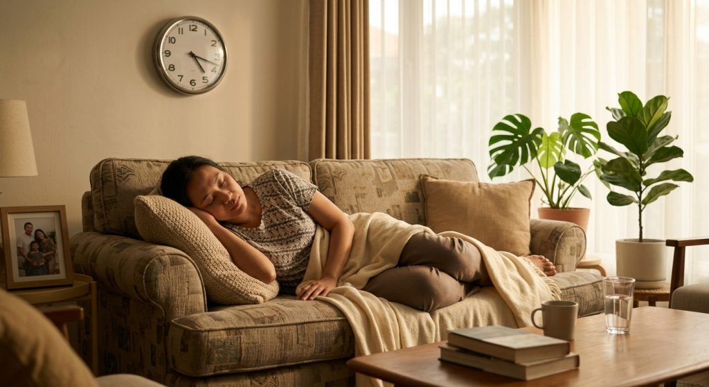 wanita sedang rebahan di sofa