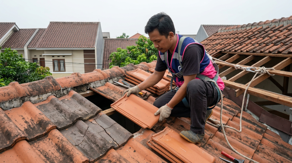 tukang perbaikan atap mitra Sejasa mengganti genteng retak pada perbaikan atap rumah