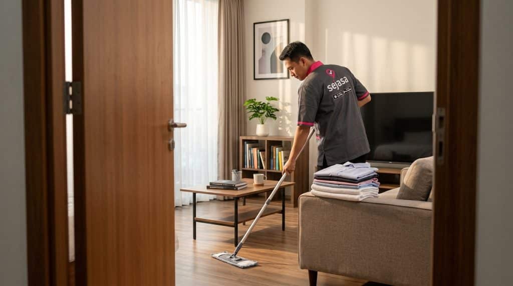 cleaner Sejasa sedang mengepel lantai apartemen
