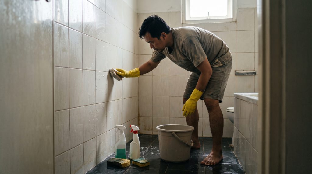 seorang pria sedang menyikat keramik kamar mandi