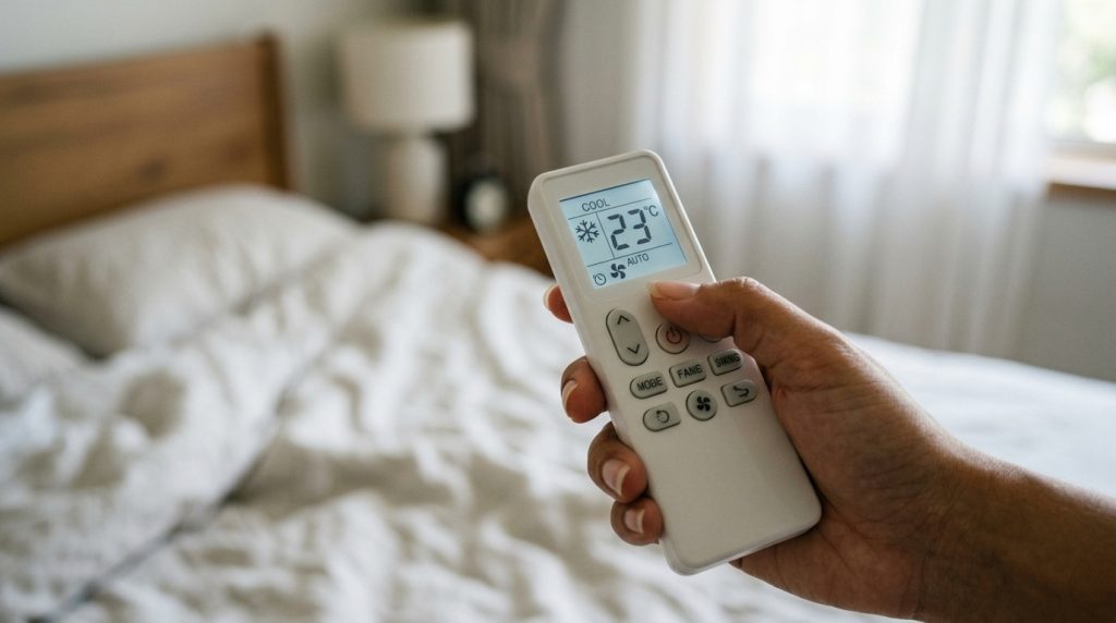 seseorang mengatur remote ac sudah cuci ac tapi tidak dingin
