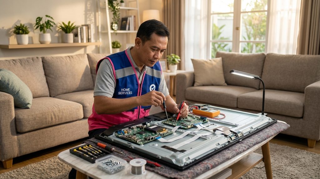 teknisi memperbaiki tv led